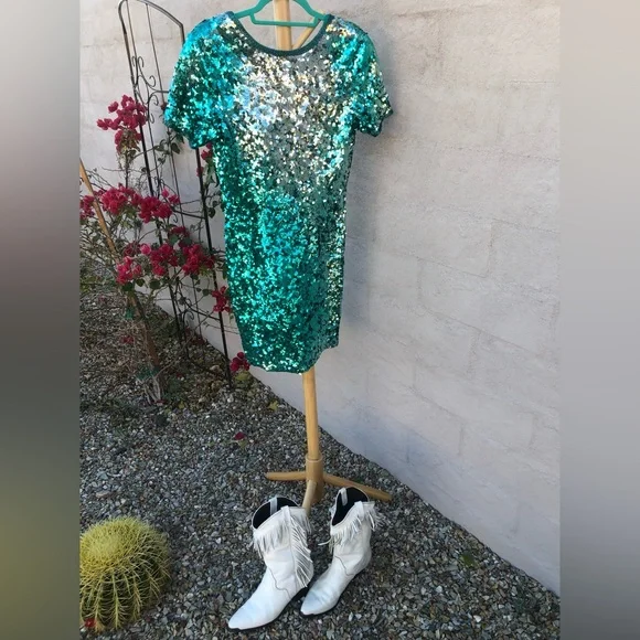 Vintage mini teal silver ombré beaded and sequin mini dress - Picture 3 of 14